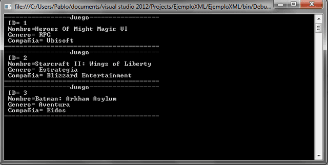 Resultado de imprimir a pantalla un archivo XML con LinQ